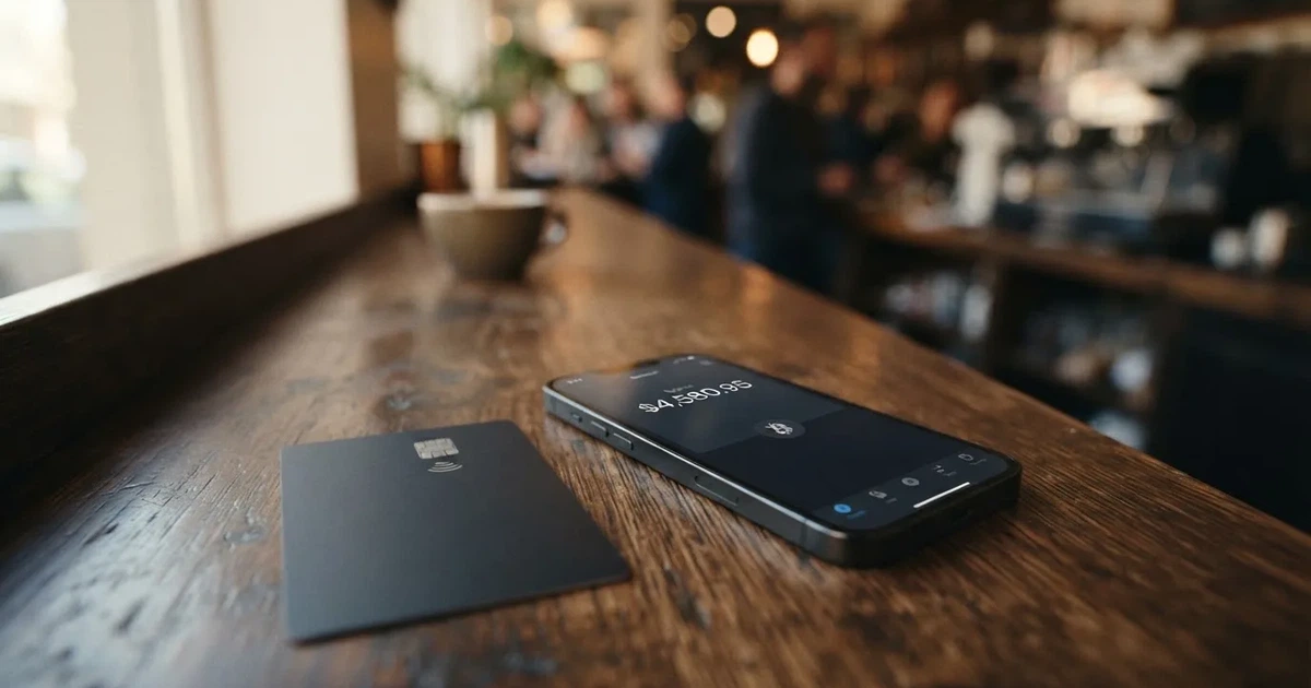A payment card next to a phone with a crypto wallet app open