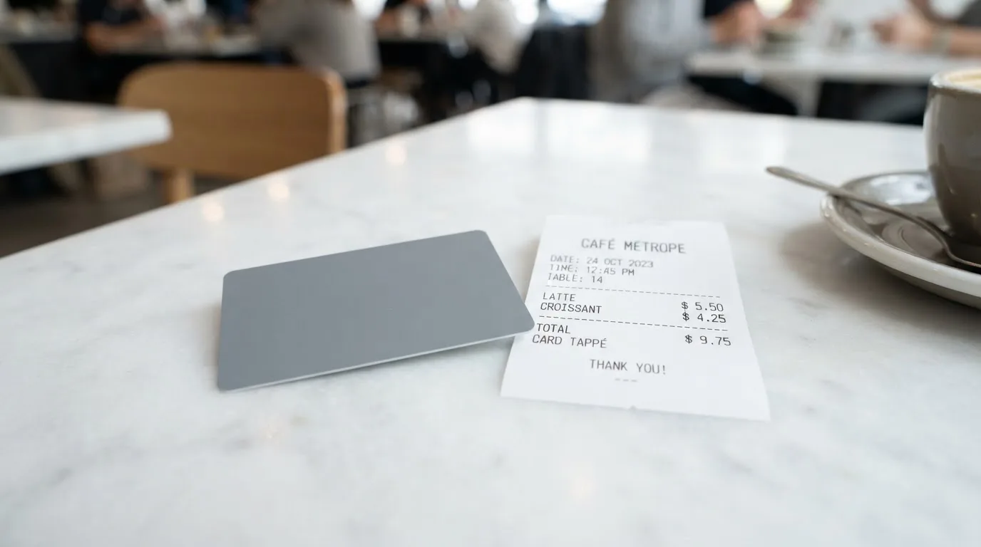 A receipt and a card on a café table