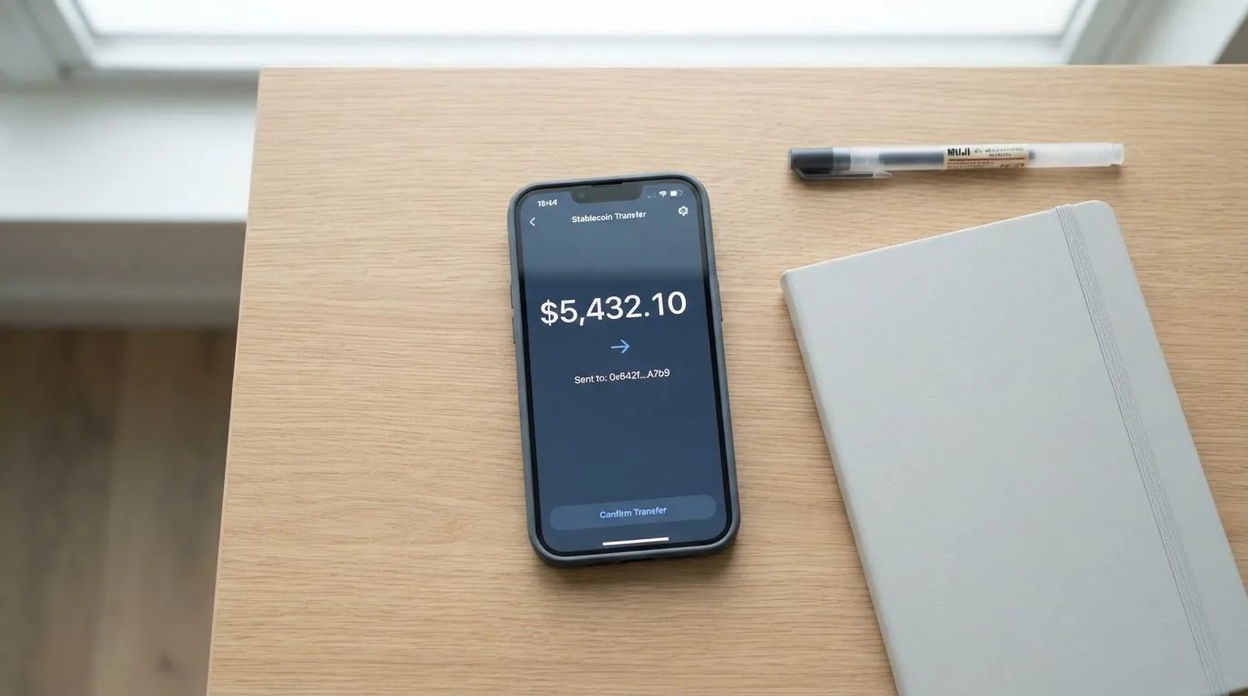 A phone showing a stablecoin transfer screen
