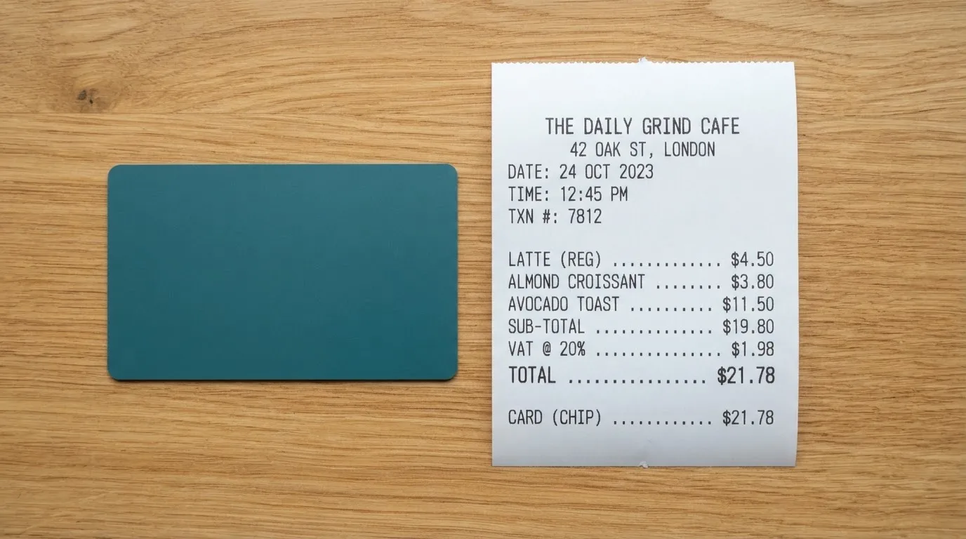 A receipt and a card on a café table