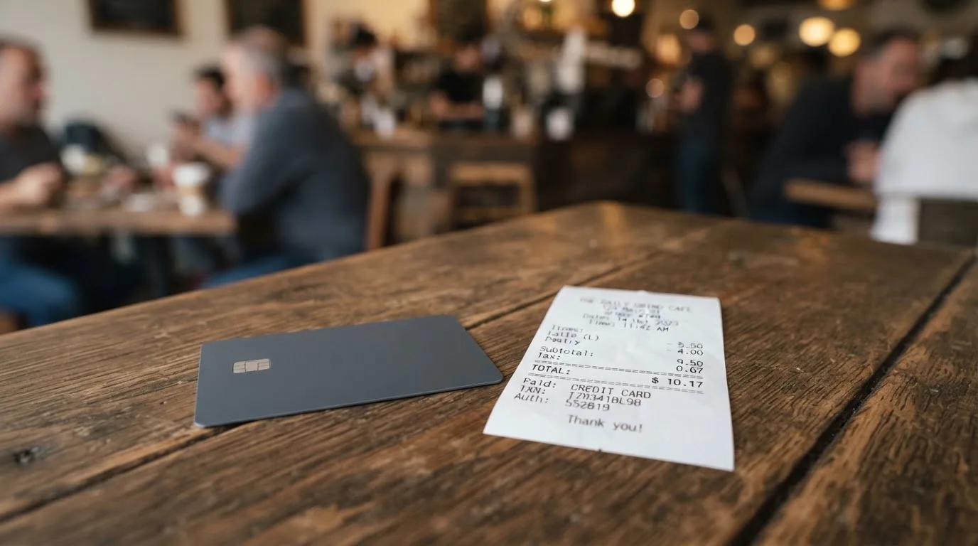 A receipt and a card on a café table