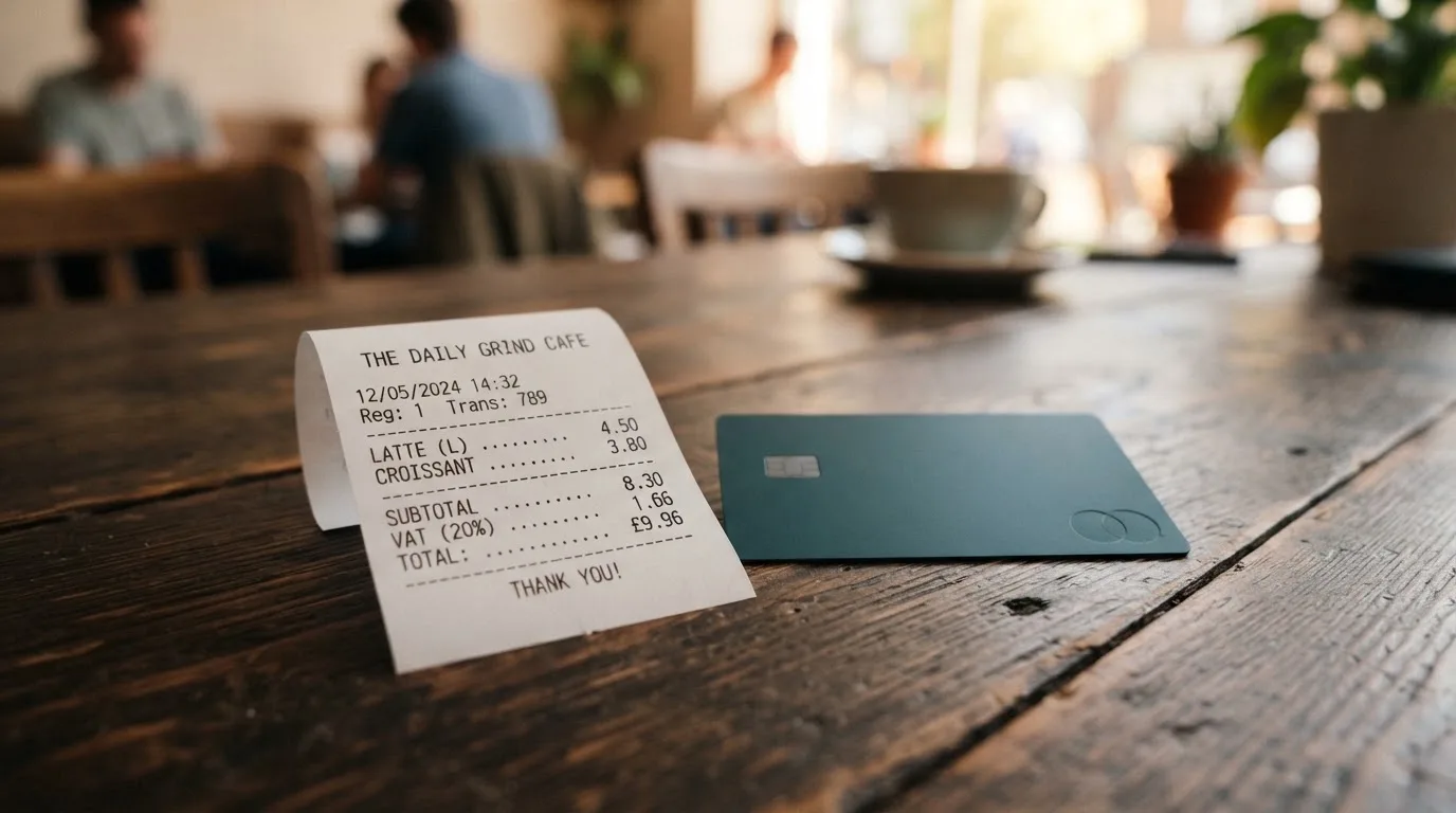 A receipt and a card on a café table