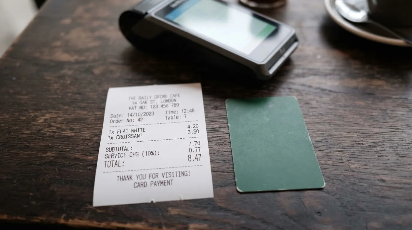 A receipt and a card on a café table