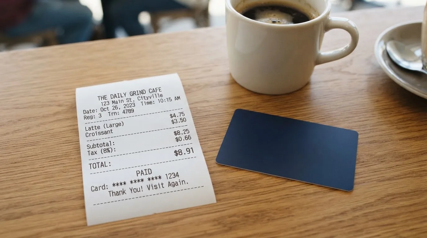 A receipt and a card on a café table