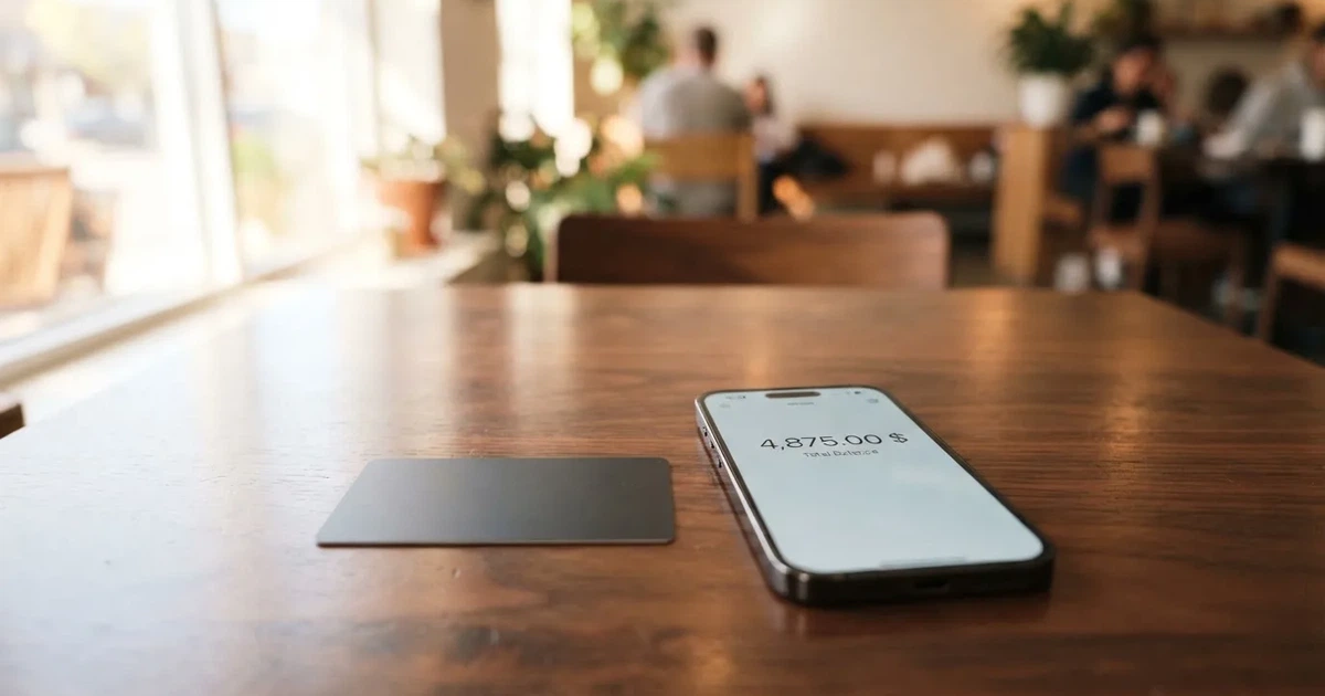 A payment card next to a phone with a crypto wallet app open