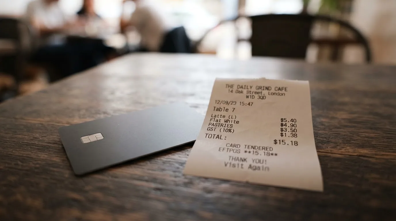 A receipt and a card on a café table