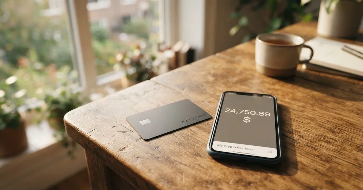 A payment card next to a phone with a crypto wallet app open