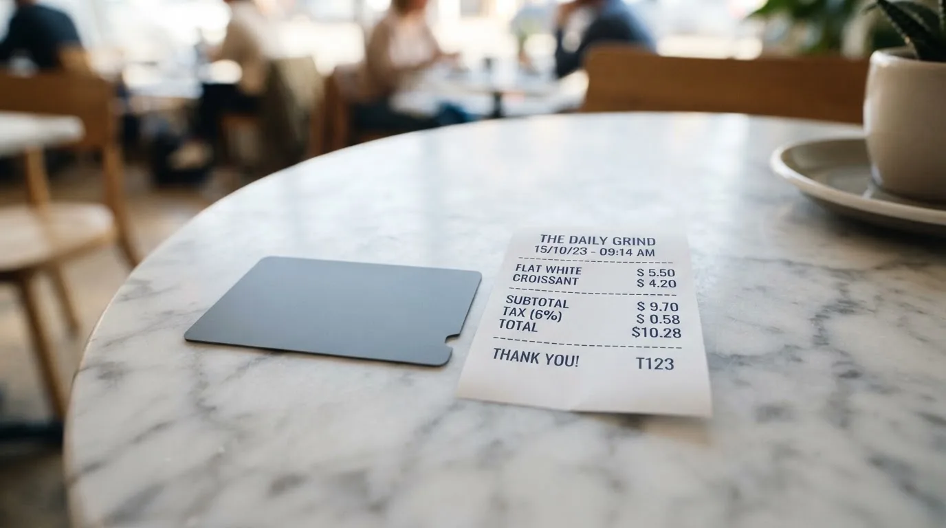 A receipt and a card on a café table