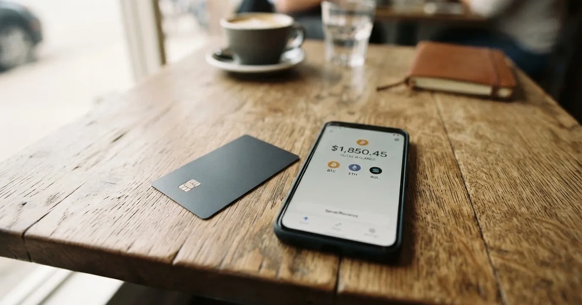 A payment card next to a phone with a crypto wallet app open