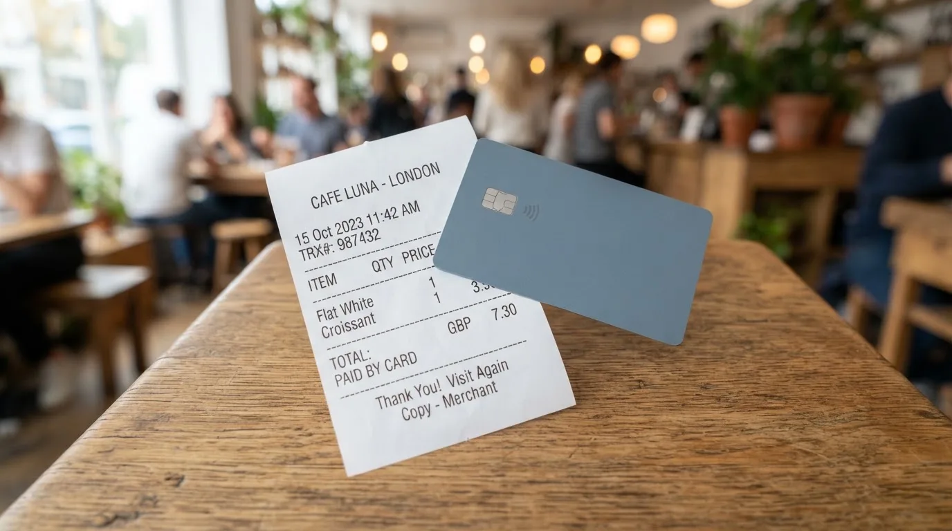A receipt and a card on a café table