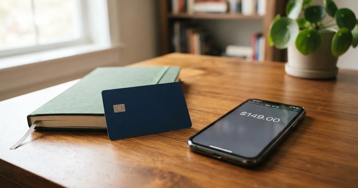 A payment card next to a phone with a crypto wallet app open