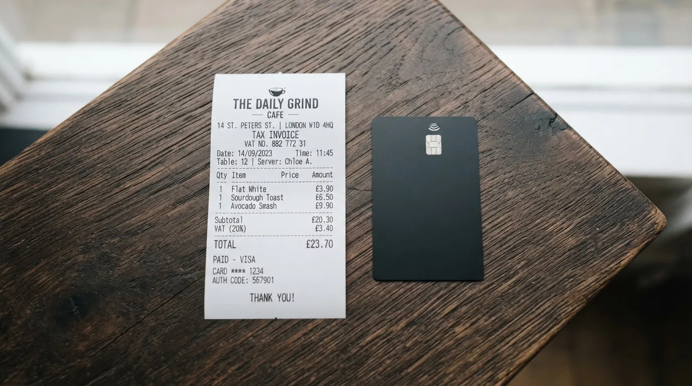 A receipt and a card on a café table