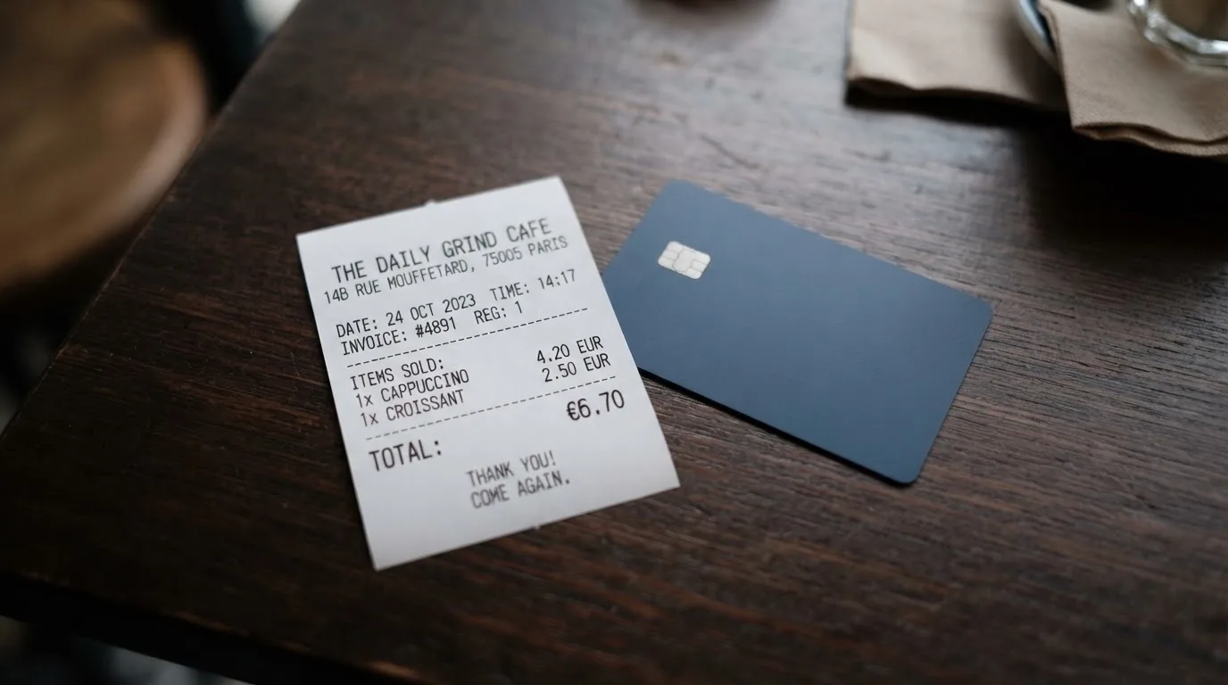 A receipt and a card on a café table