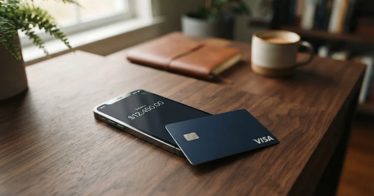 A payment card next to a phone with a crypto wallet app open