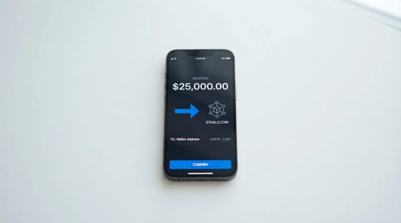 A phone showing a stablecoin transfer screen