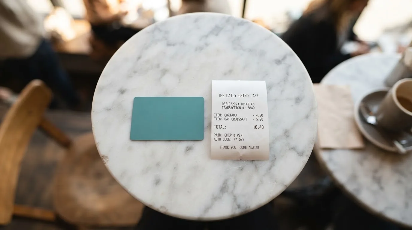 A receipt and a card on a café table