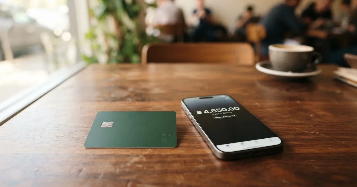 A payment card next to a phone with a crypto wallet app open