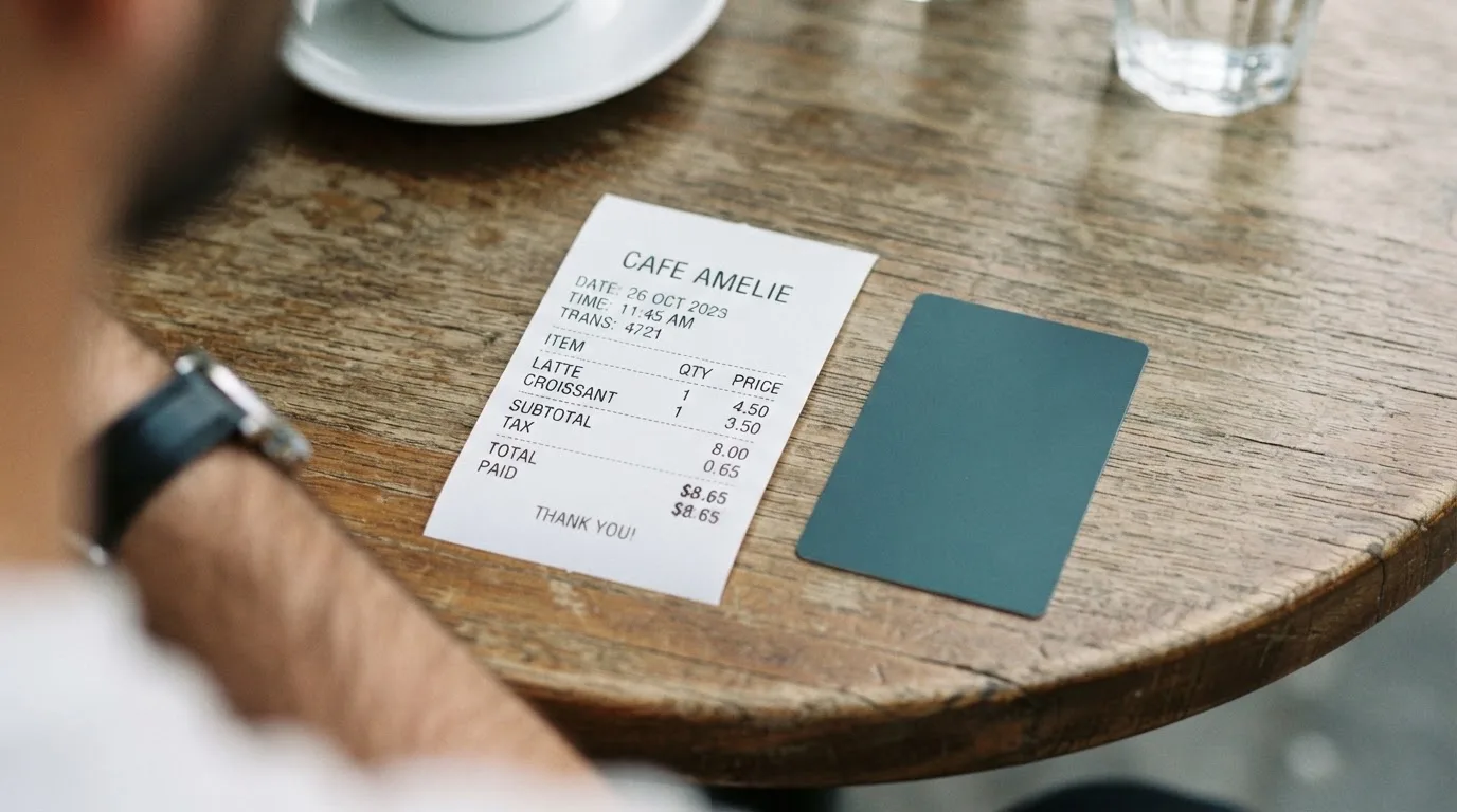 A receipt and a card on a café table