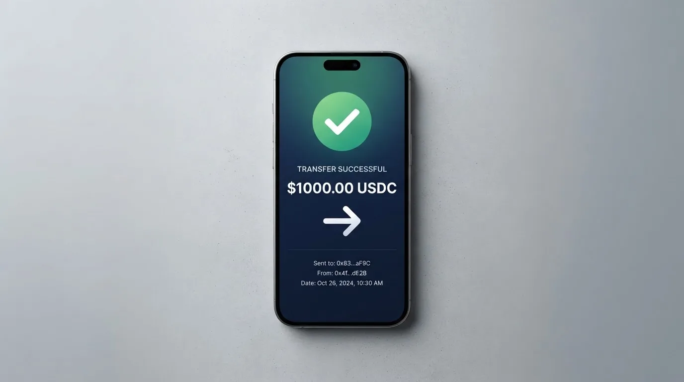 A phone showing a stablecoin transfer screen