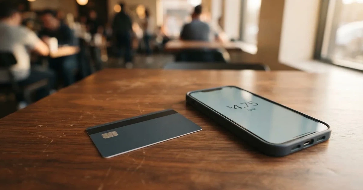A payment card next to a phone with a crypto wallet app open