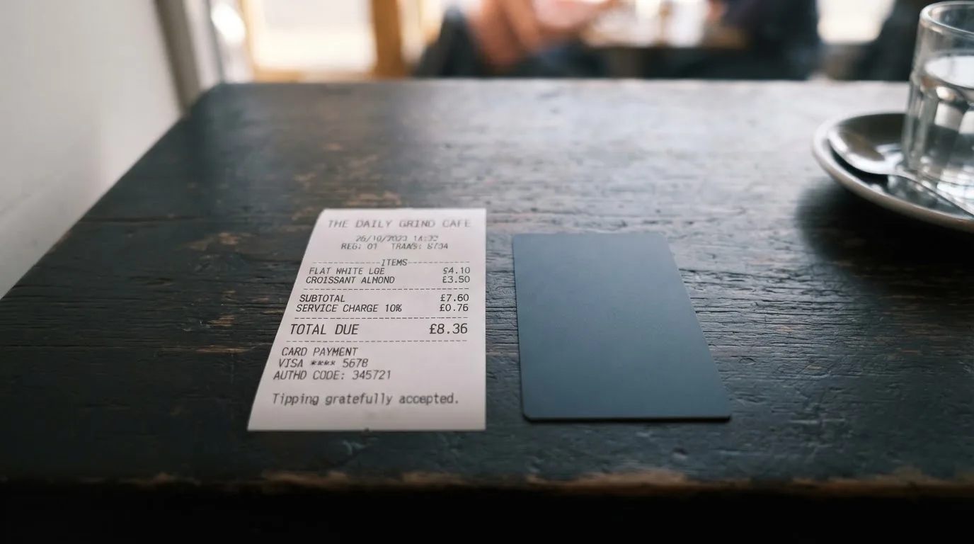 A receipt and a card on a café table