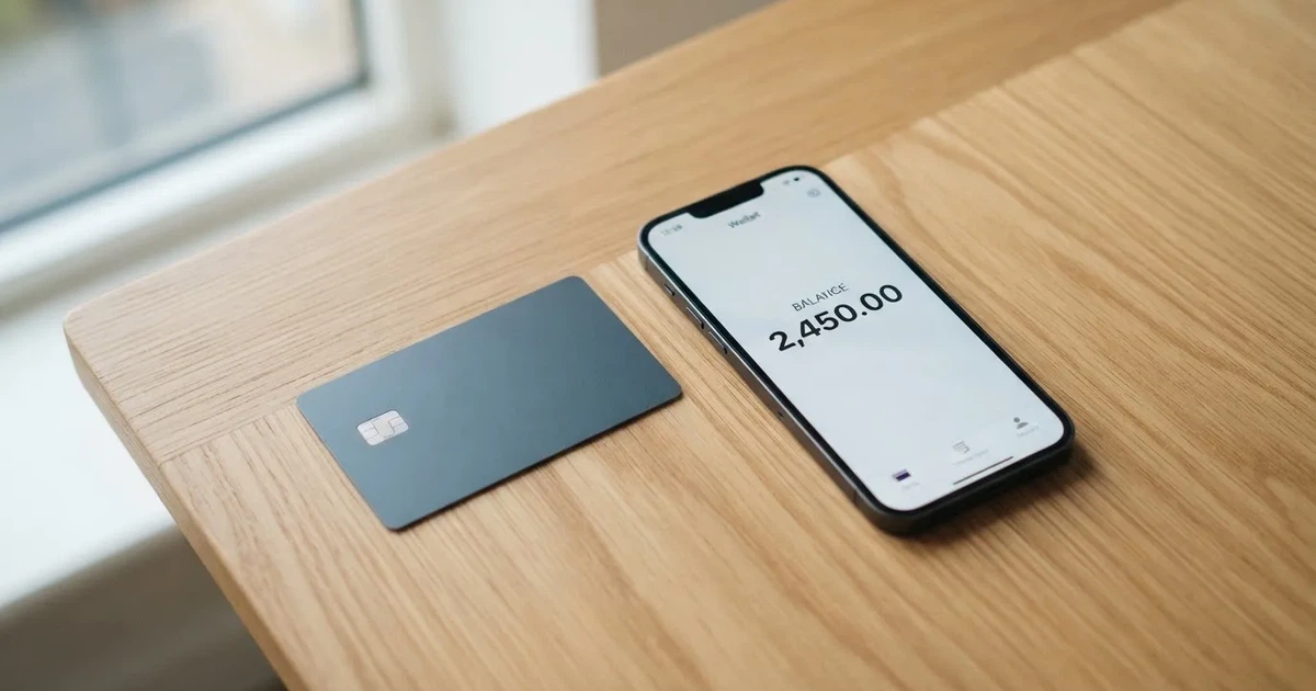 A payment card next to a phone with a crypto wallet app open