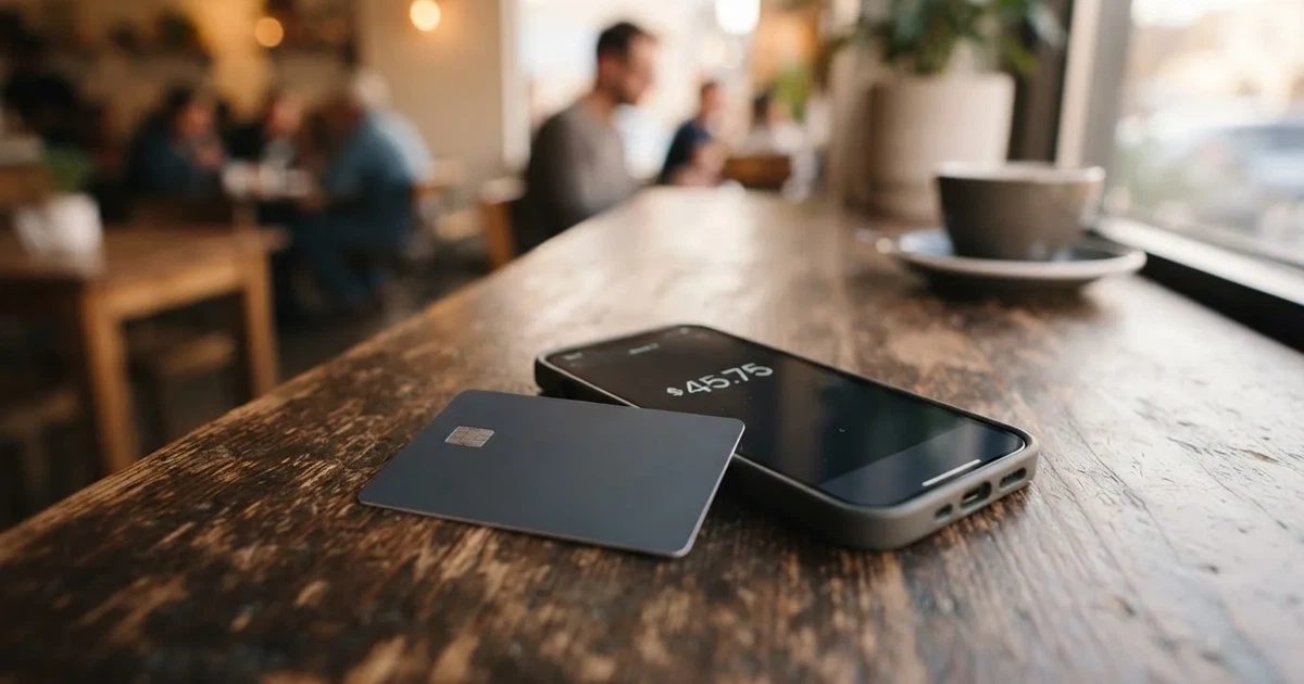 A payment card next to a phone with a crypto wallet app open