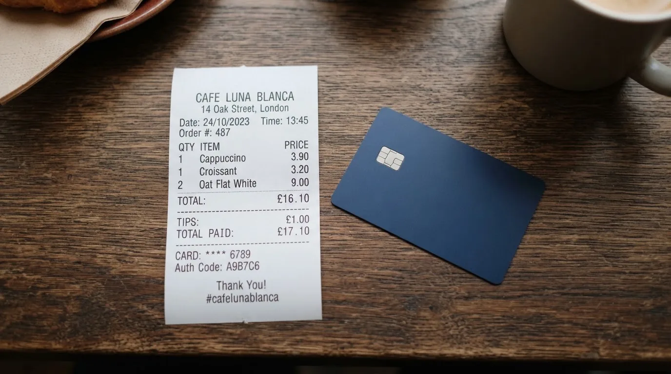 A receipt and a card on a café table