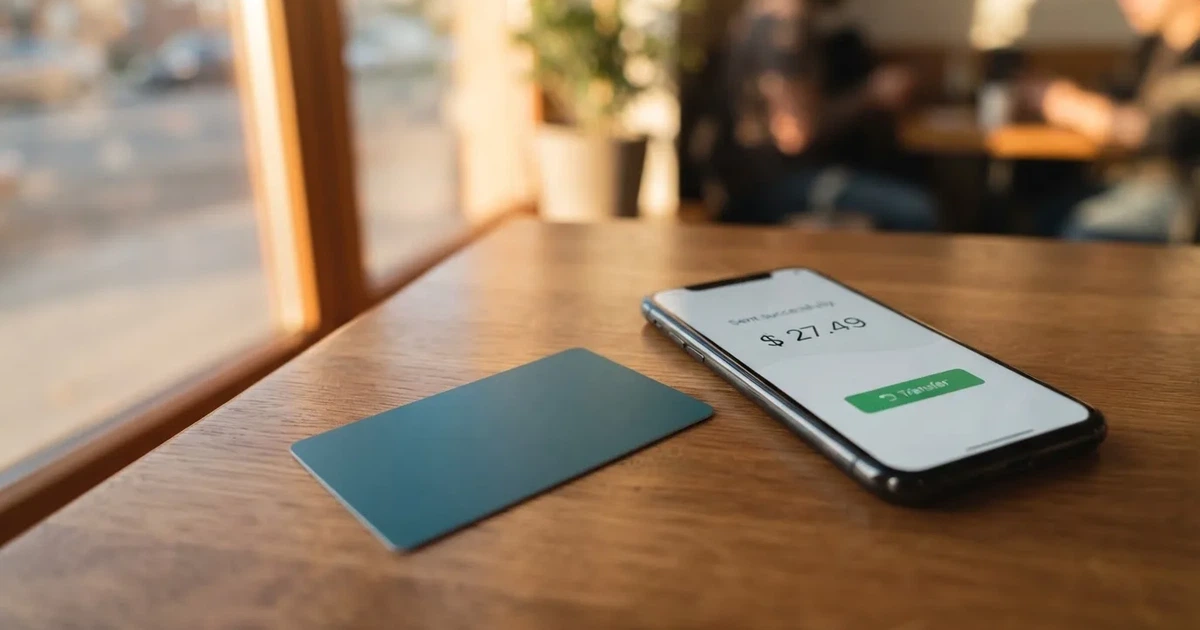 A payment card next to a phone with a crypto wallet app open