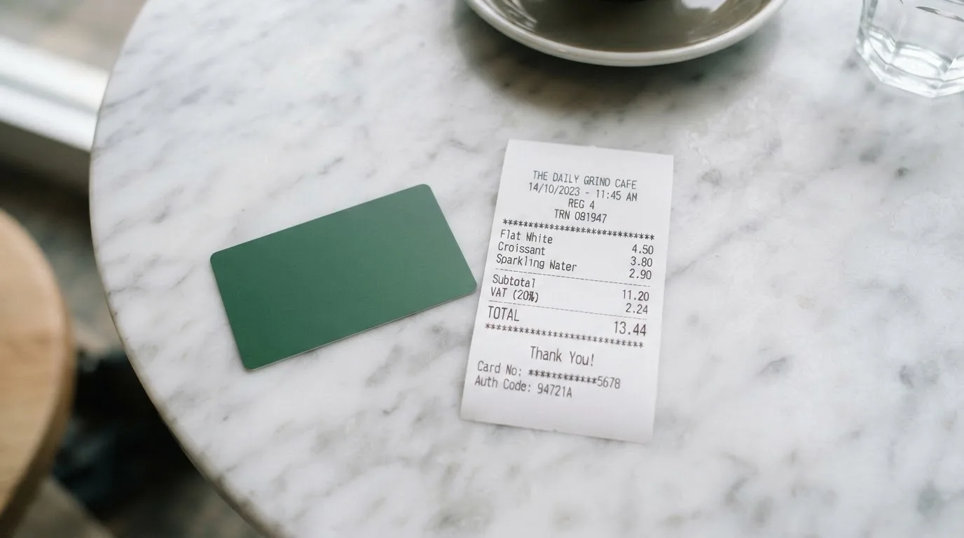 A receipt and a card on a café table