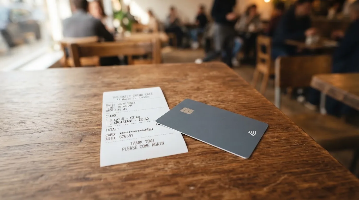 A receipt and a card on a café table