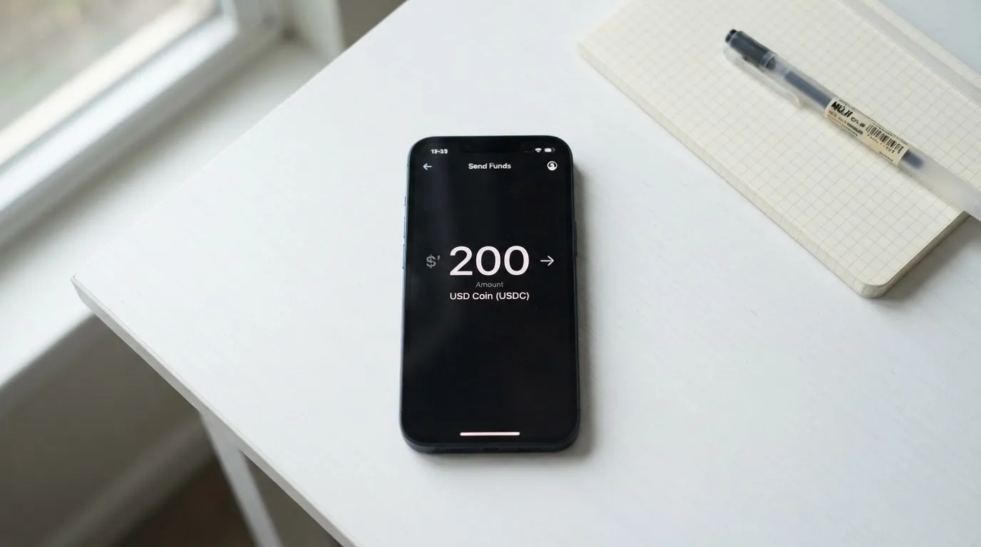 A phone showing a stablecoin transfer screen