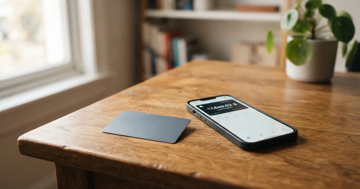 A payment card next to a phone with a crypto wallet app open