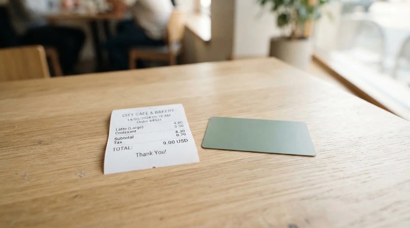 A receipt and a card on a café table