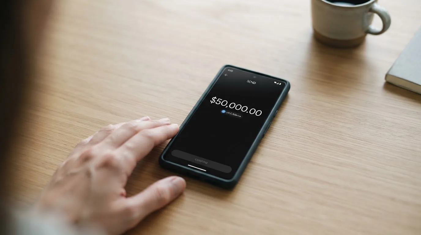 A phone showing a stablecoin transfer screen