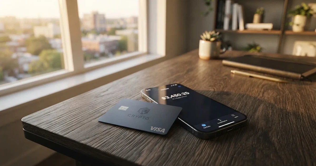 A payment card next to a phone with a crypto wallet app open