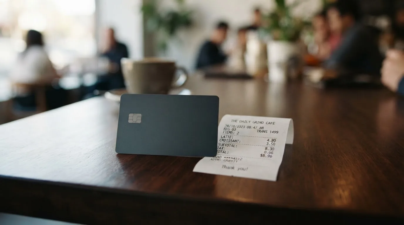 A receipt and a card on a café table