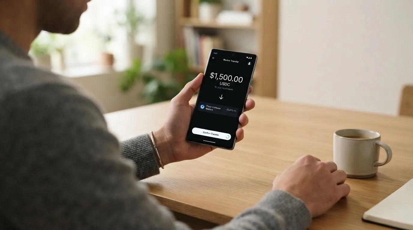 A phone showing a stablecoin transfer screen