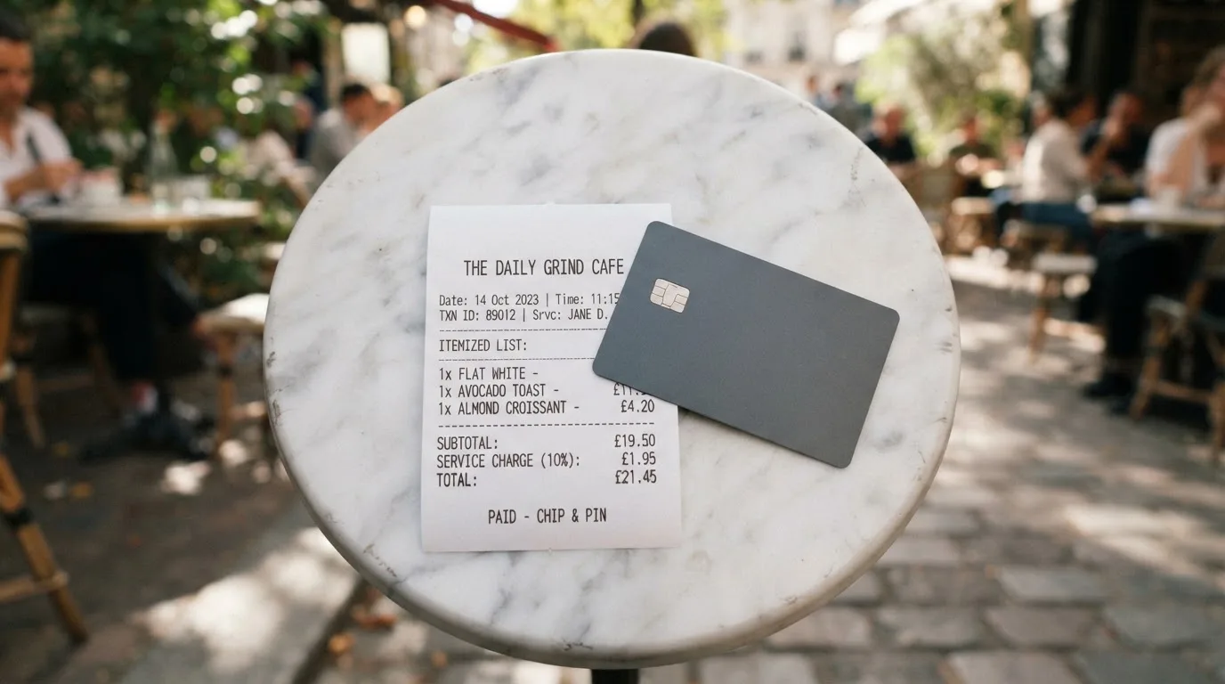 A receipt and a card on a café table