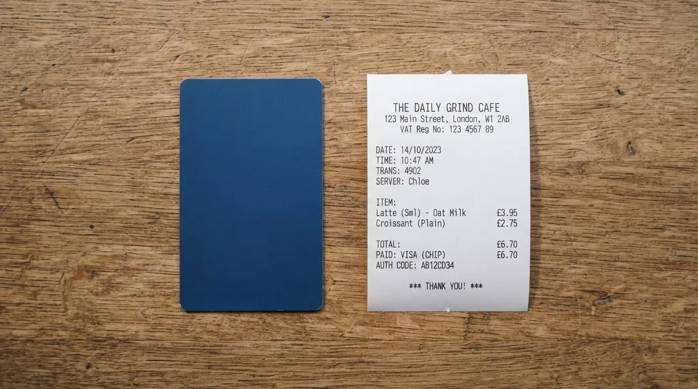 A receipt and a card on a café table
