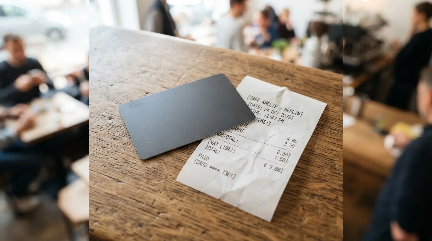 A receipt and a card on a café table