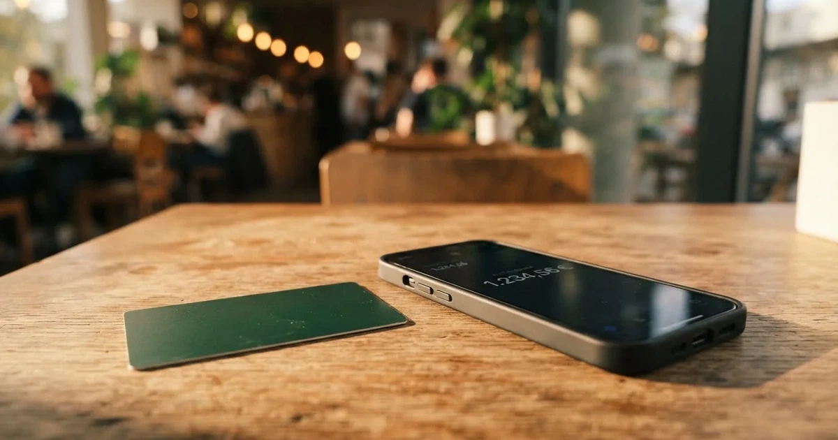 A payment card next to a phone with a crypto wallet app open