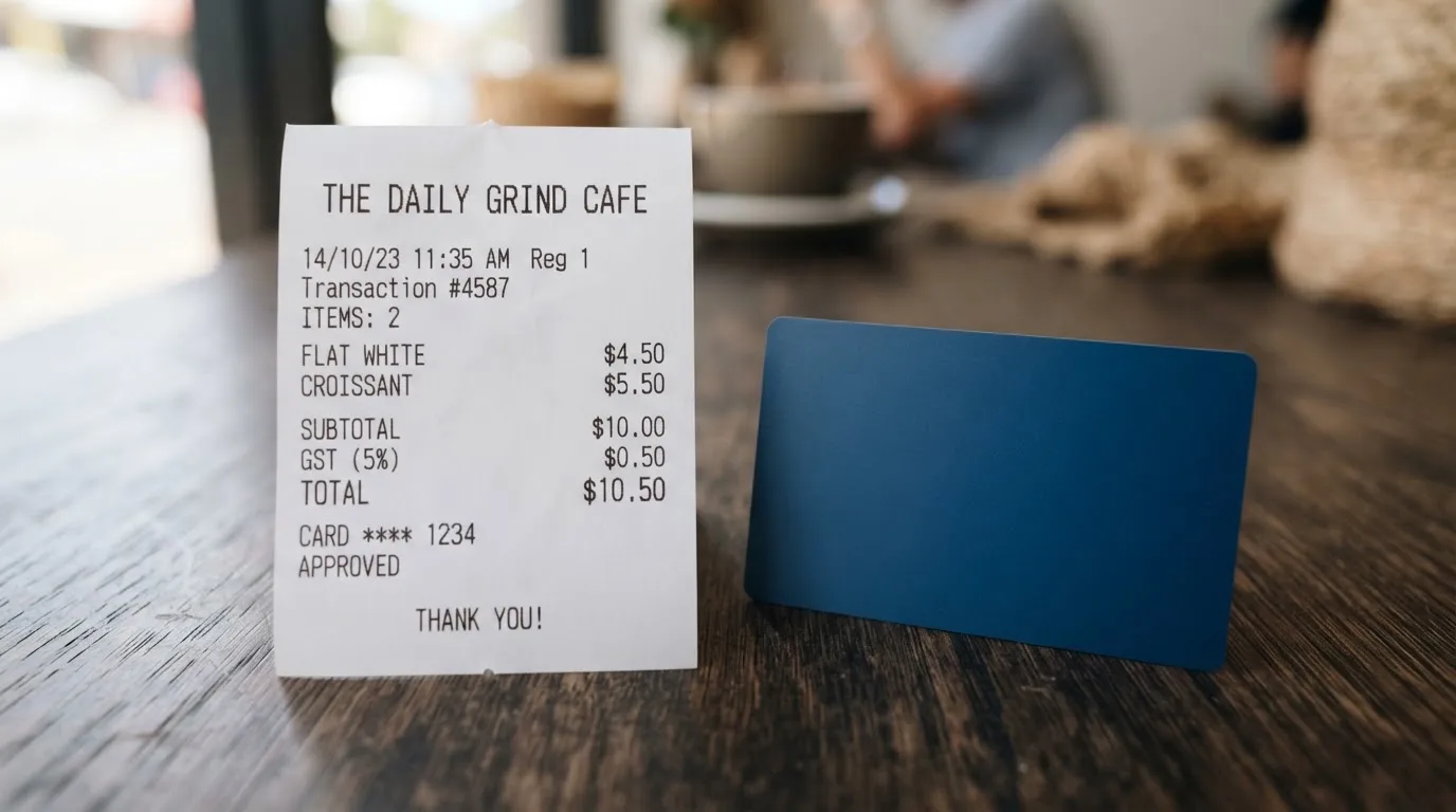A receipt and a card on a café table