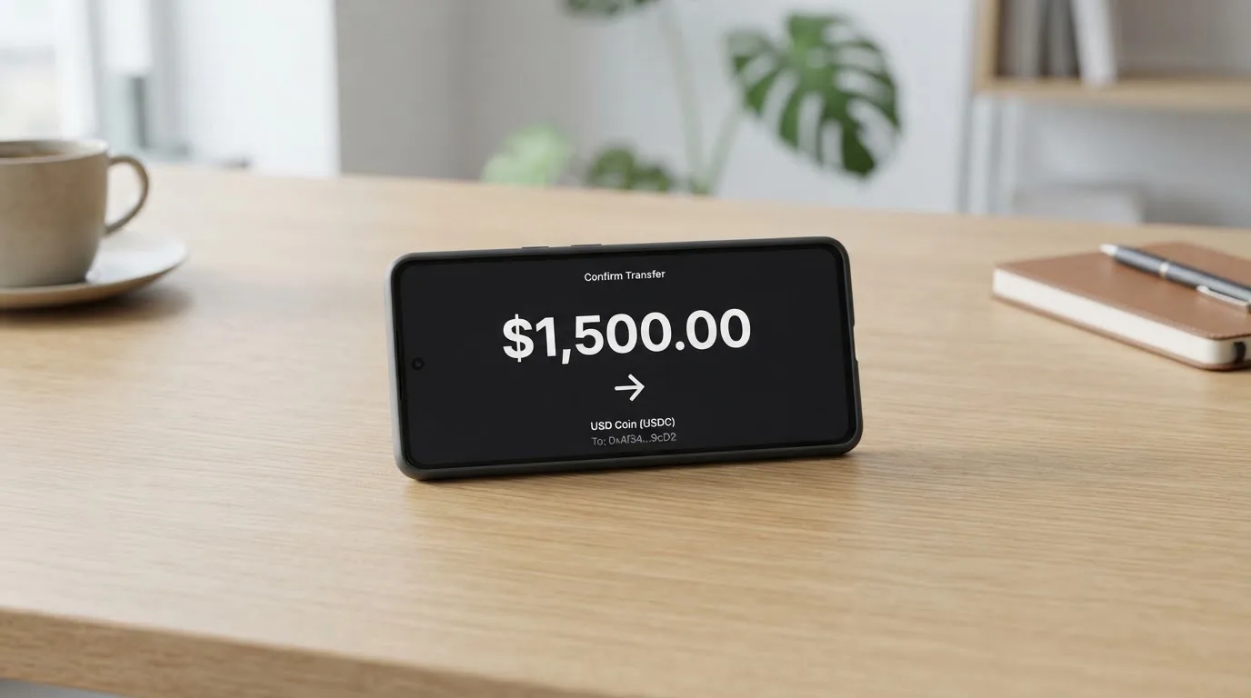 A phone showing a stablecoin transfer screen