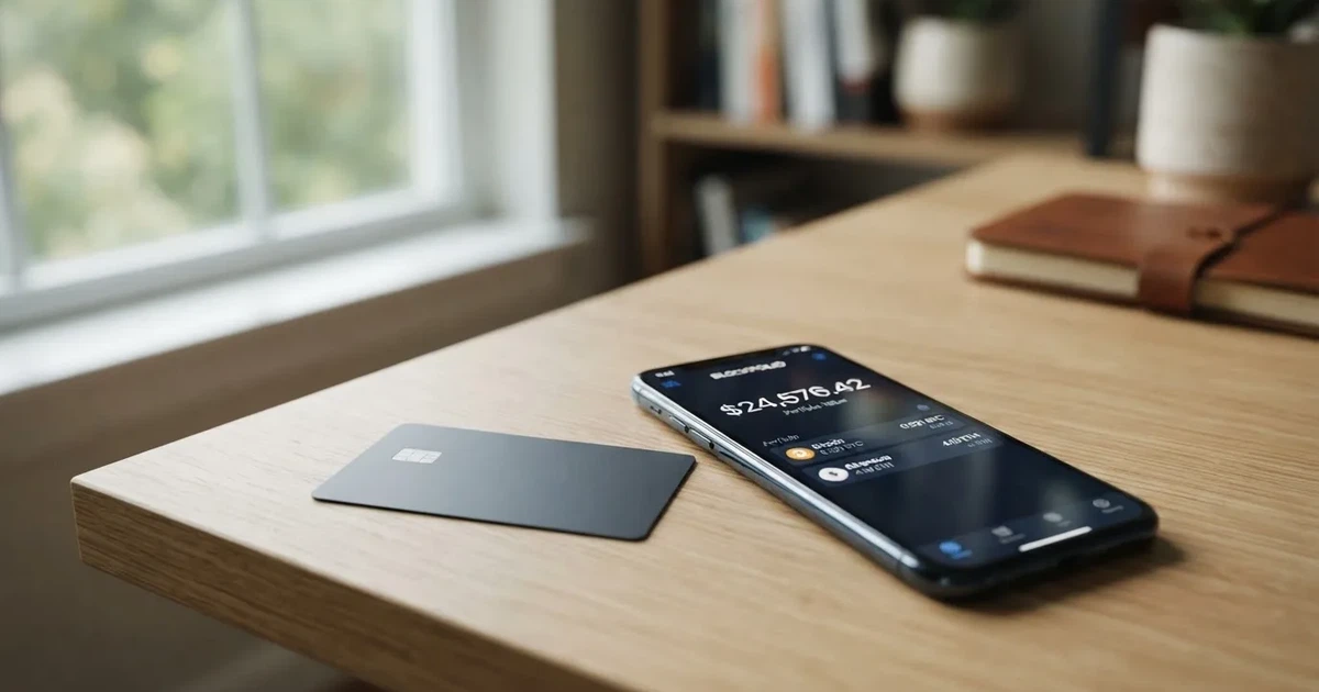 A payment card next to a phone with a crypto wallet app open