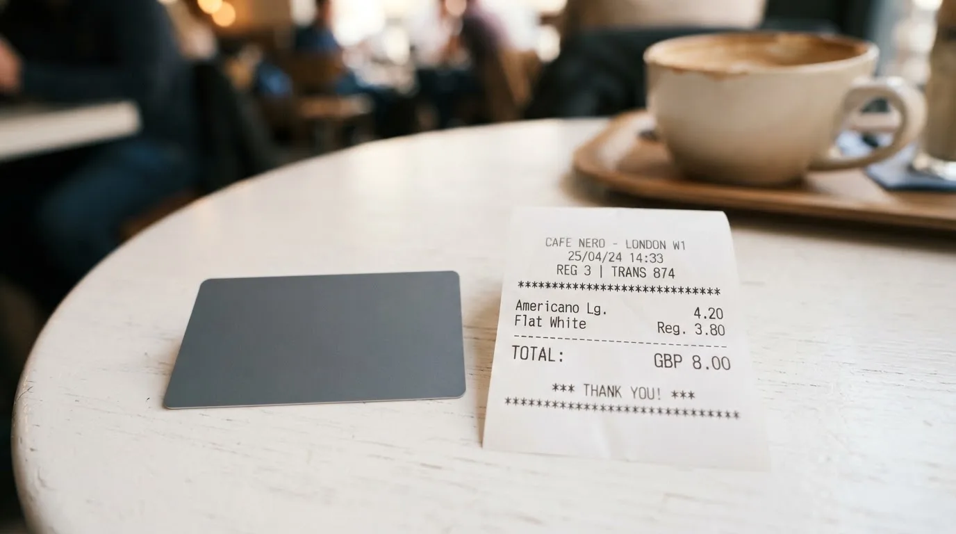 A receipt and a card on a café table