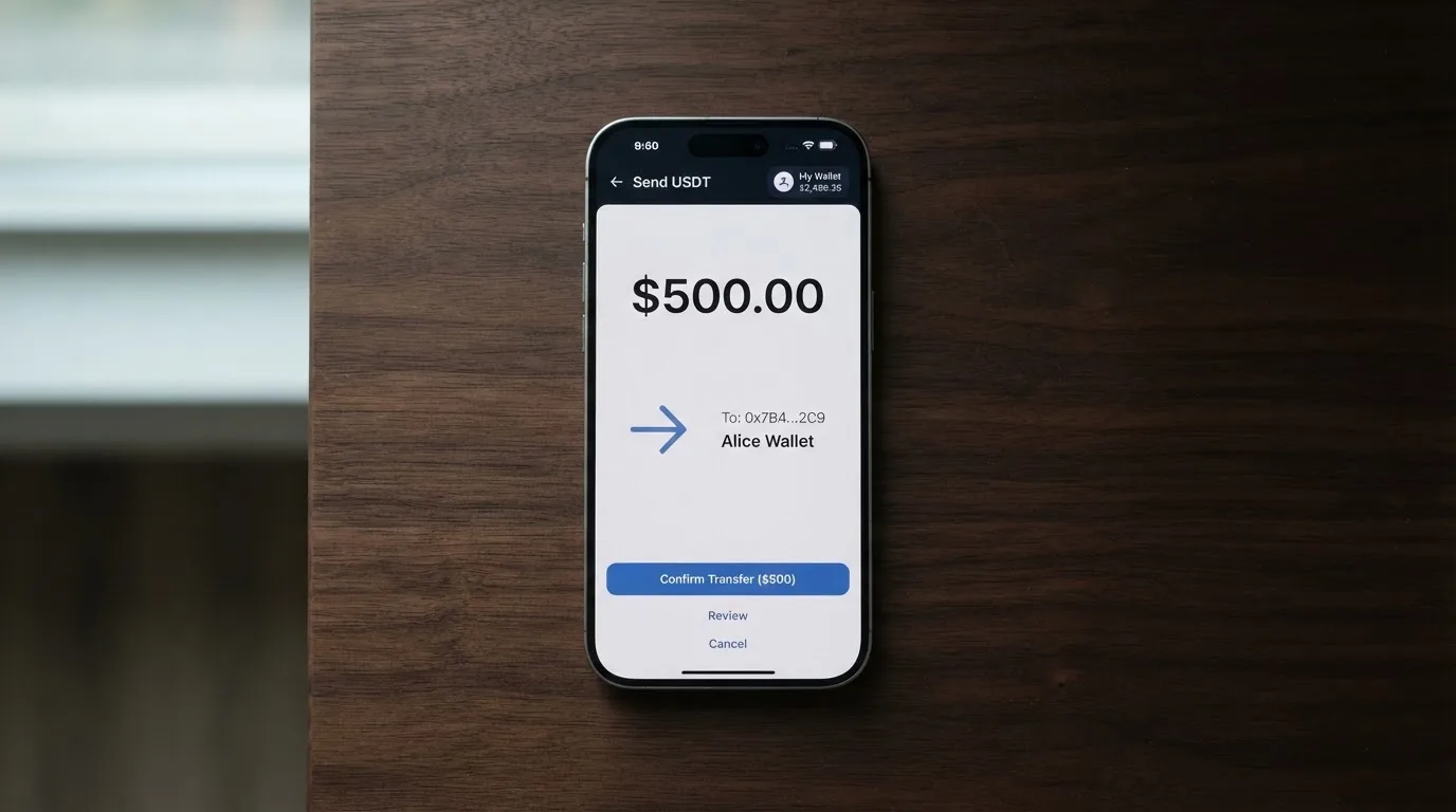 A phone showing a stablecoin transfer screen
