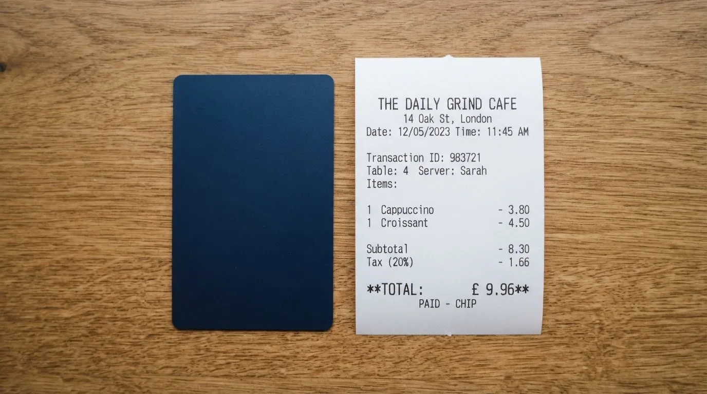 A receipt and a card on a café table