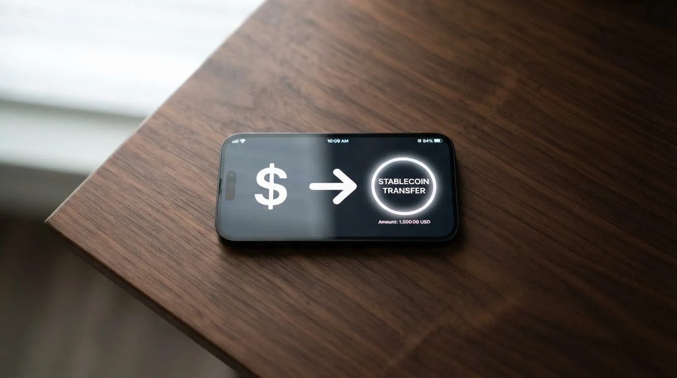A phone showing a stablecoin transfer screen