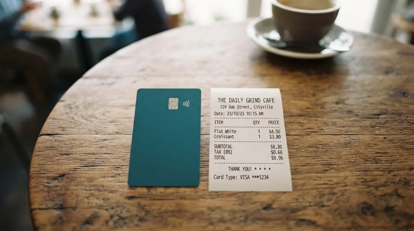 A receipt and a card on a café table